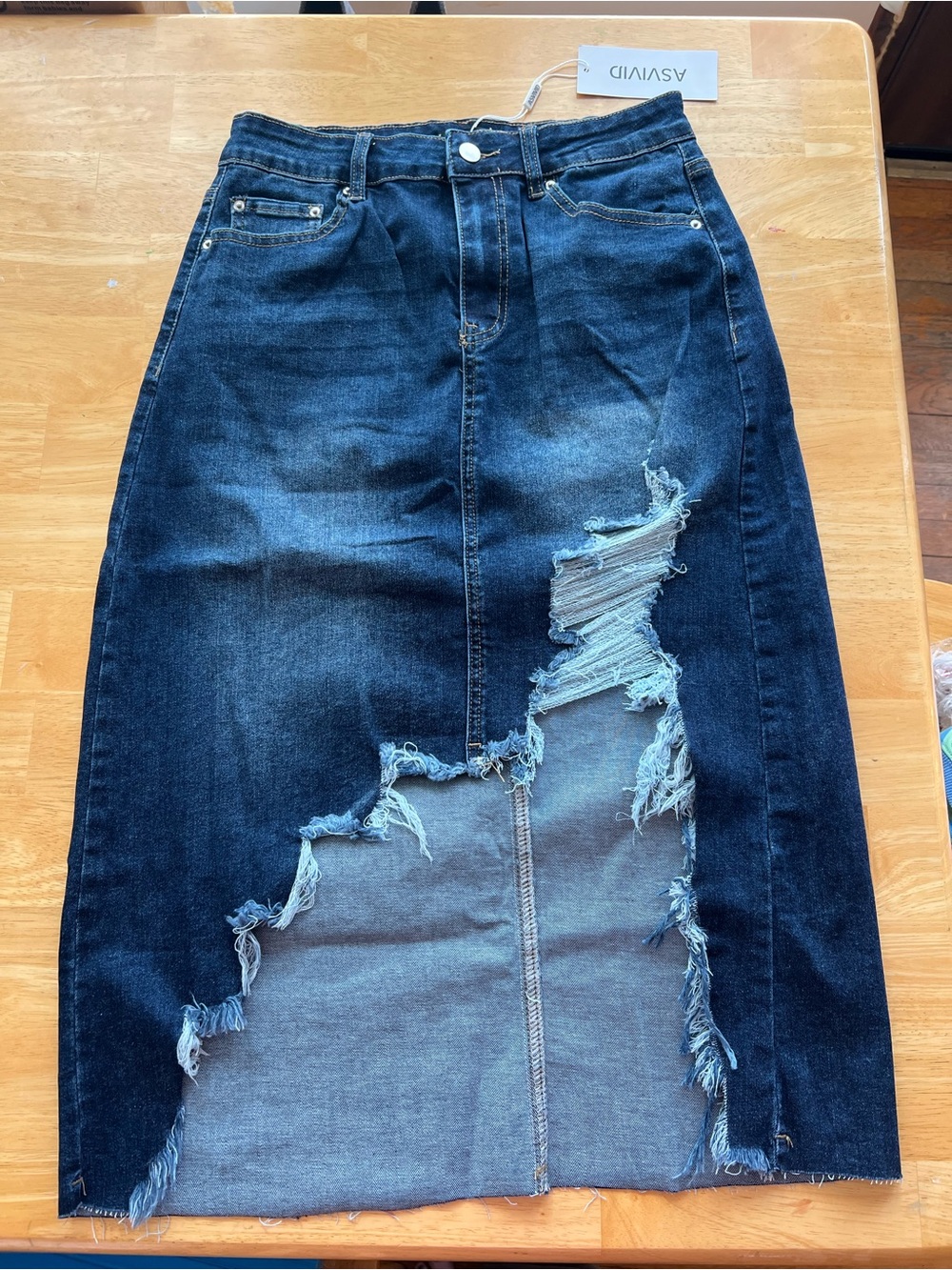 Dark Blue Distressed Denim Midi Skirt